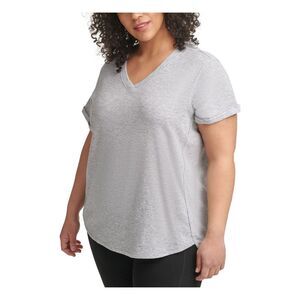 CALVIN KLEIN PERFORMANCE Womens Gray Short Sleeve V Neck Top Plus 1X